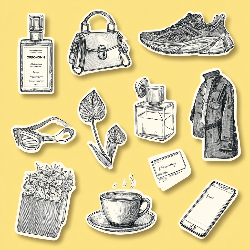 Midjourney AI image generator artwork featuring hand-drawn fashion, lifestyle, tech, perfume, coffee, and plant stickers on a yellow background.