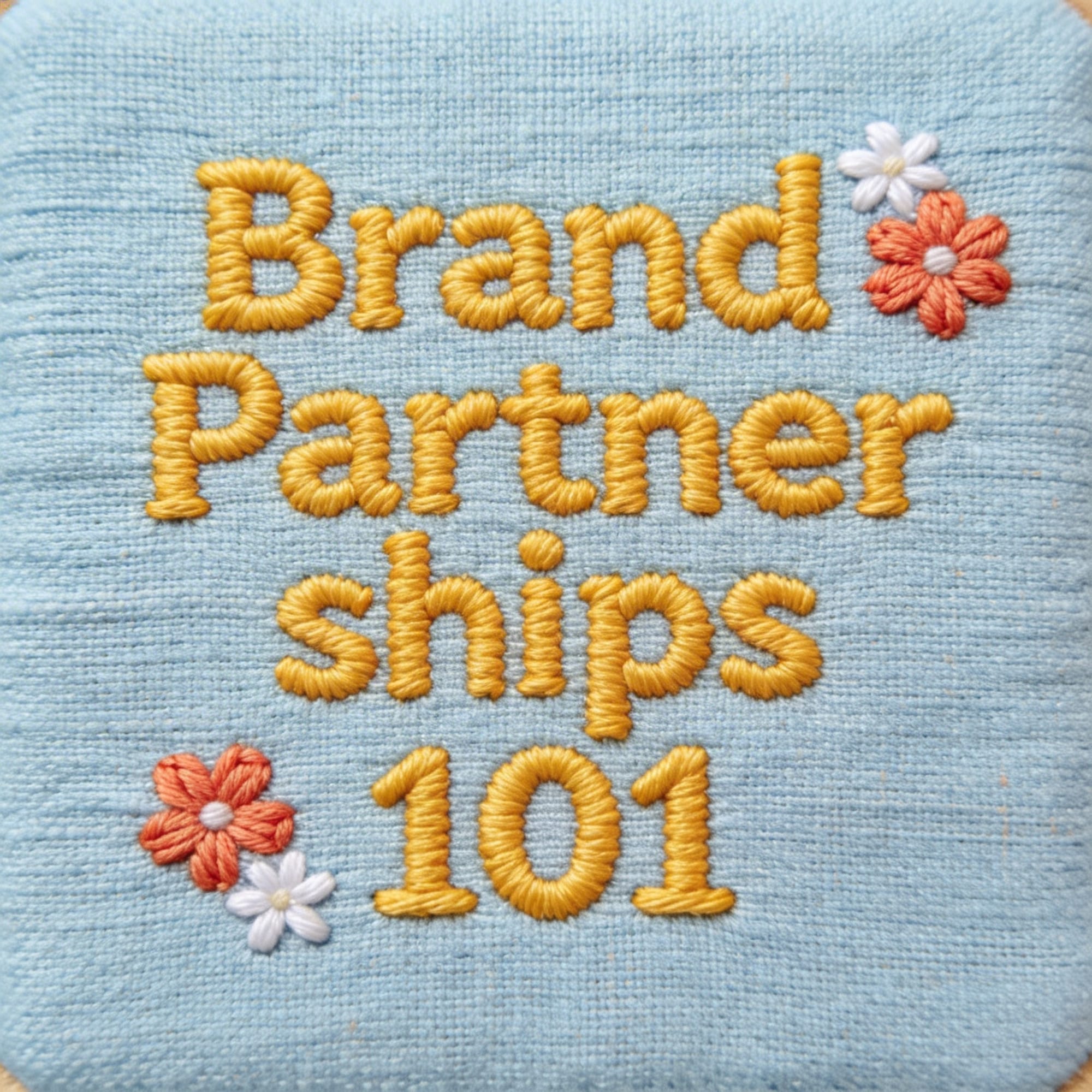 Seedream AI image generator artwork featuring embroidered Brand Partnerships 101 text in gold thread with floral accents on textured blue fabric.