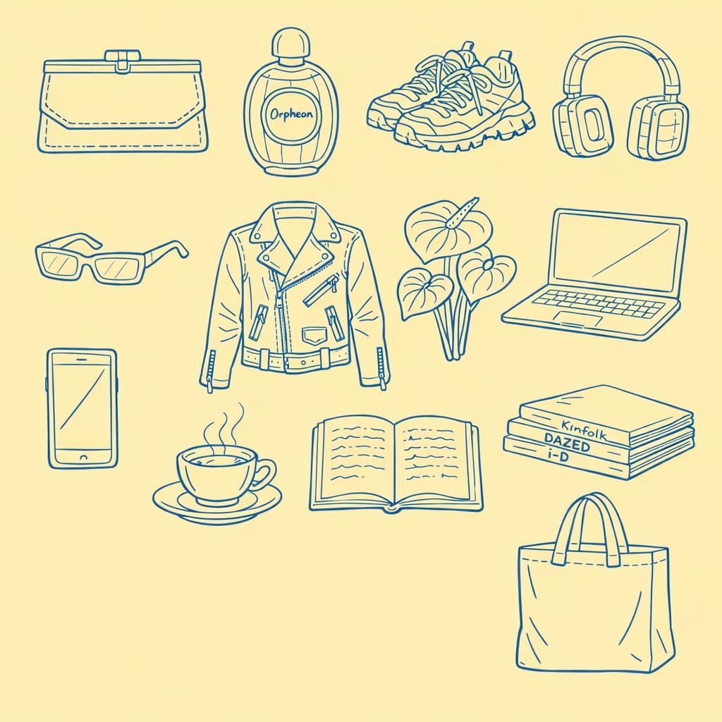 GPT Image AI image generator artwork featuring line-drawn fashion, tech, accessories, coffee, books, and a plant on a pale yellow background.