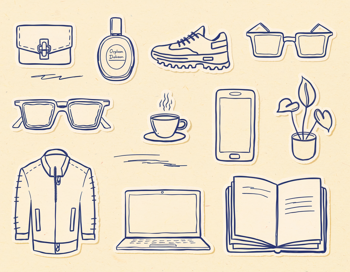 Adobe Firefly AI image generator artwork featuring hand-drawn fashion, tech, coffee, plant, book, perfume, and accessory icons on a cream background.