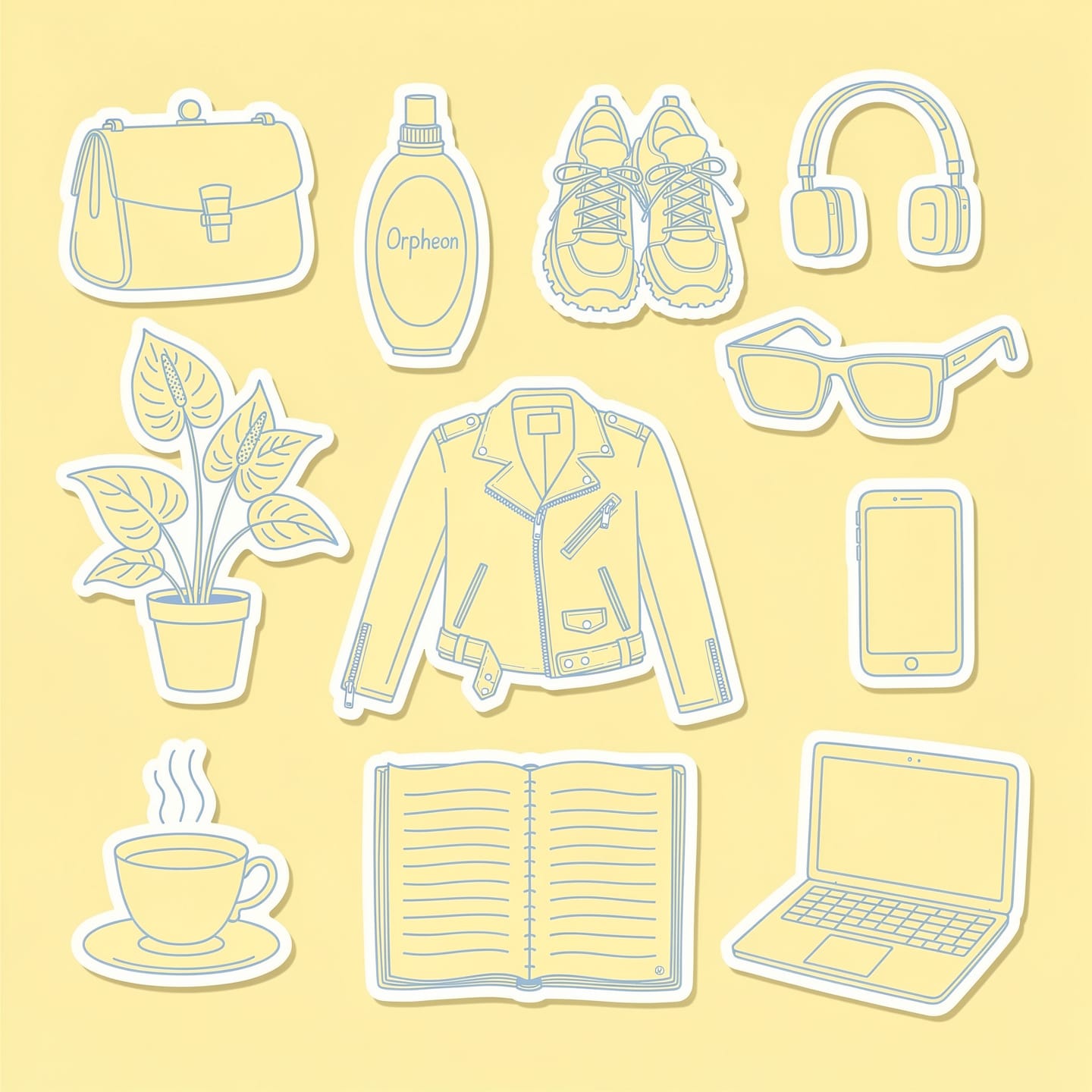 FLUX.2 Pro AI image generator artwork featuring line-drawn fashion, tech, accessories, coffee, notebook, and plant icons on a pale yellow background.