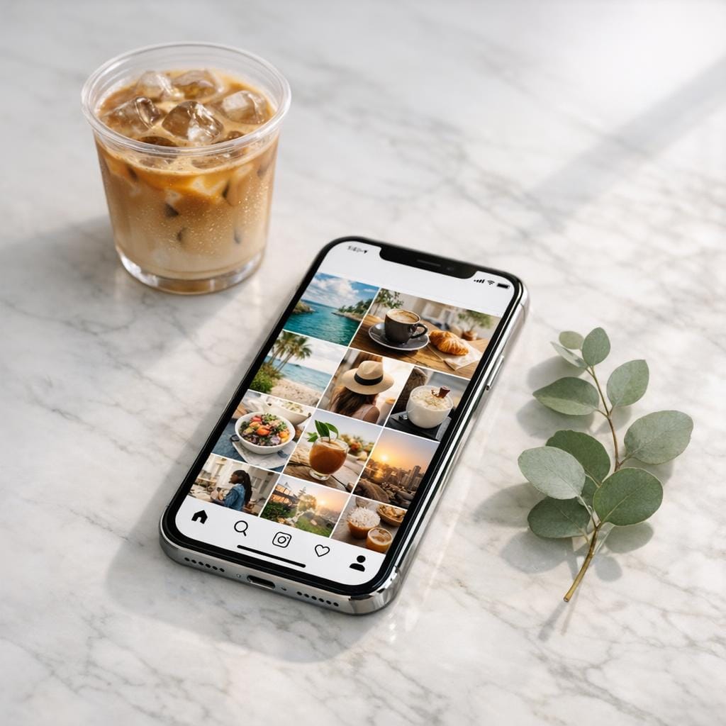 GPT Image AI image generator scene featuring a smartphone with a social media feed, iced coffee, and eucalyptus on a sunlit marble table.