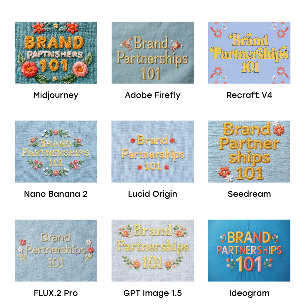 AI image generator comparison showing how nine generators interpreted a Brand Partnerships 101 prompt using floral typography, embroidery, and graphic design styles.