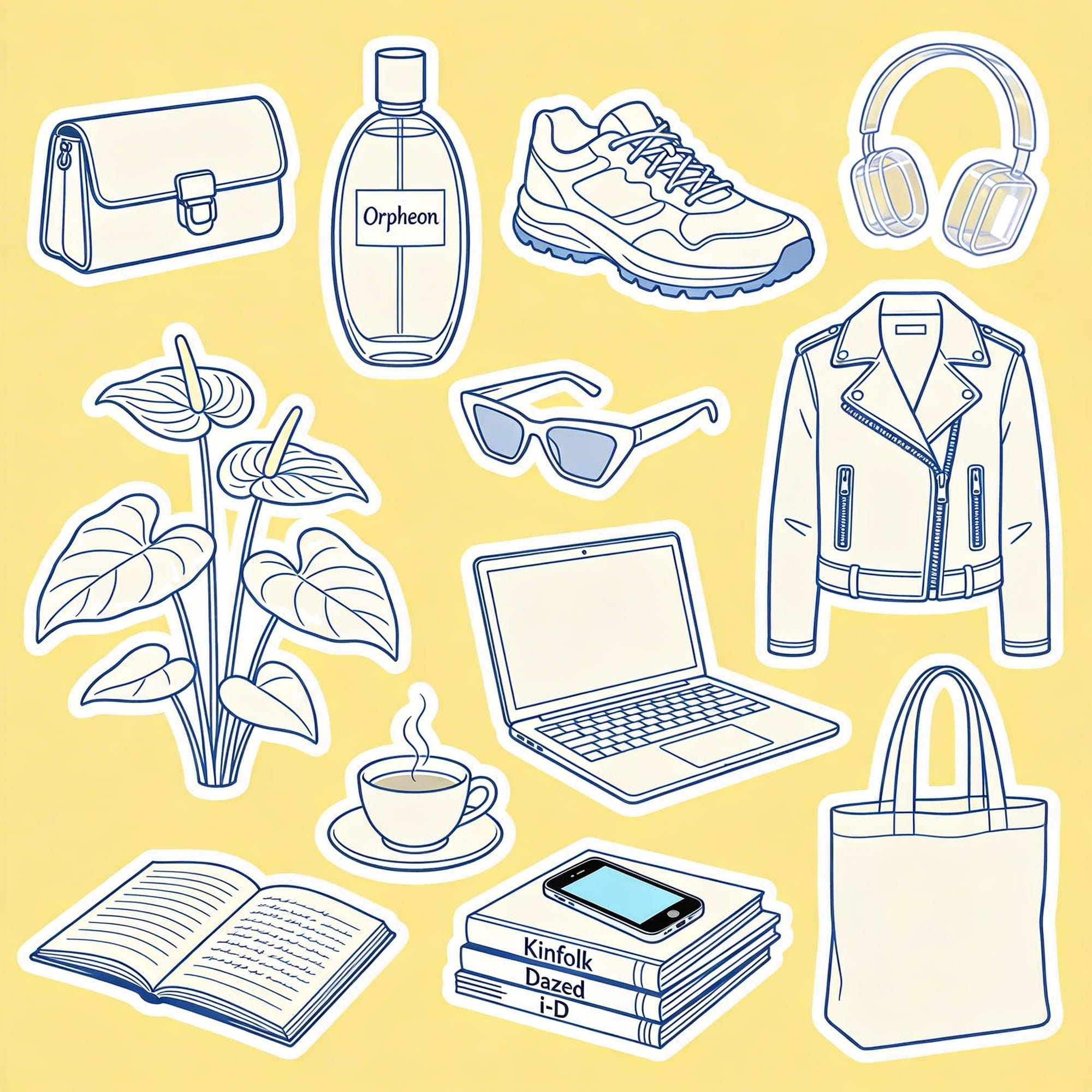 Seedream AI image generator artwork featuring line-drawn fashion, tech, accessories, coffee, books, and a plant on a yellow background