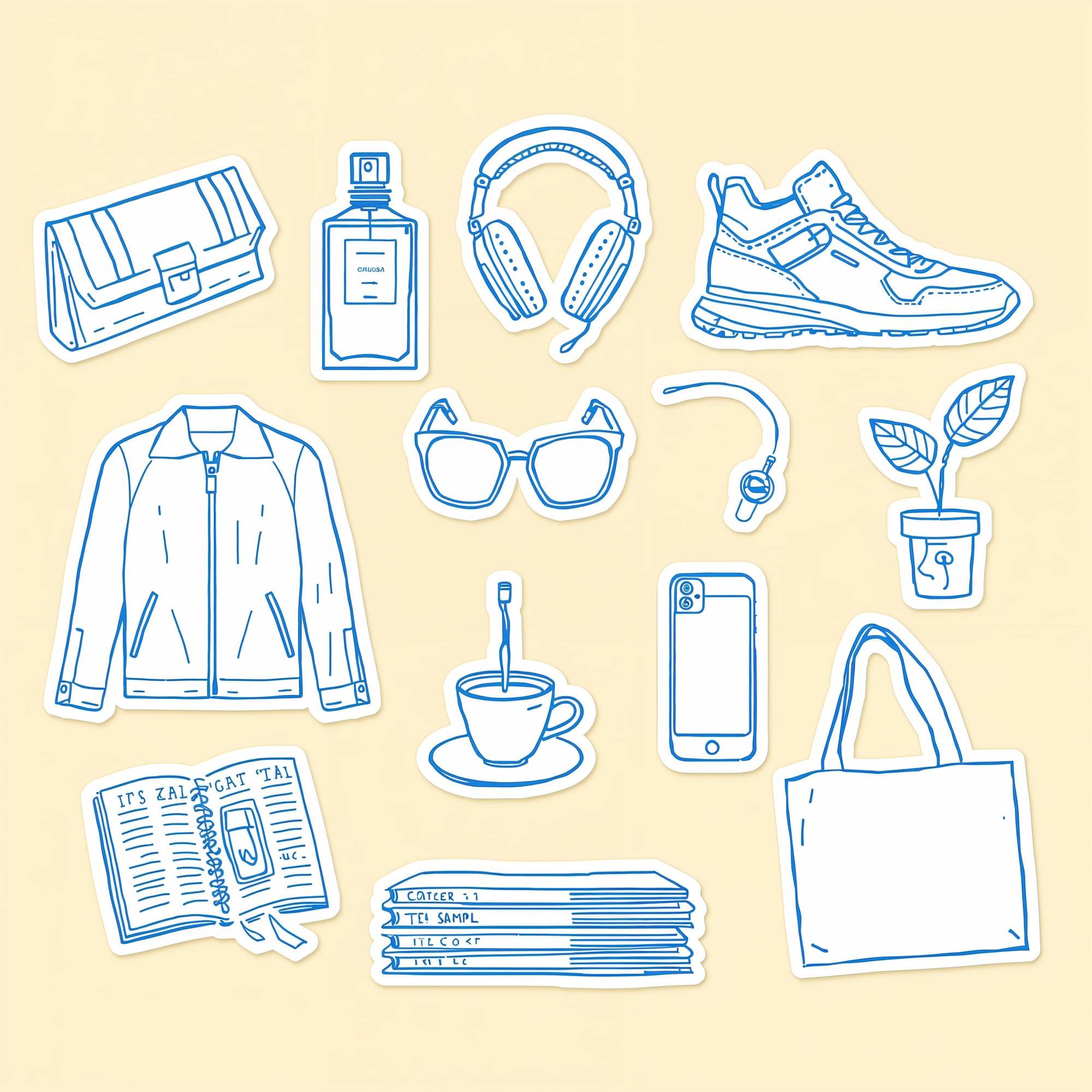 Lucid Origin AI image generator artwork featuring blue line-drawn fashion, tech, accessories, coffee, books, and plant stickers on a cream background.