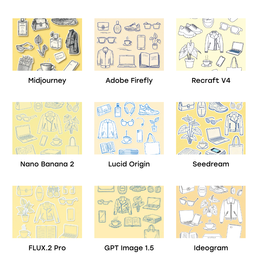 AI image generator comparison showing how Midjourney, Adobe Firefly, Recraft V4, Nano Banana 2, Lucid Origin, Seedream, FLUX.2 Pro, GPT Image 1.5, and Ideogram interpreted one prompt.