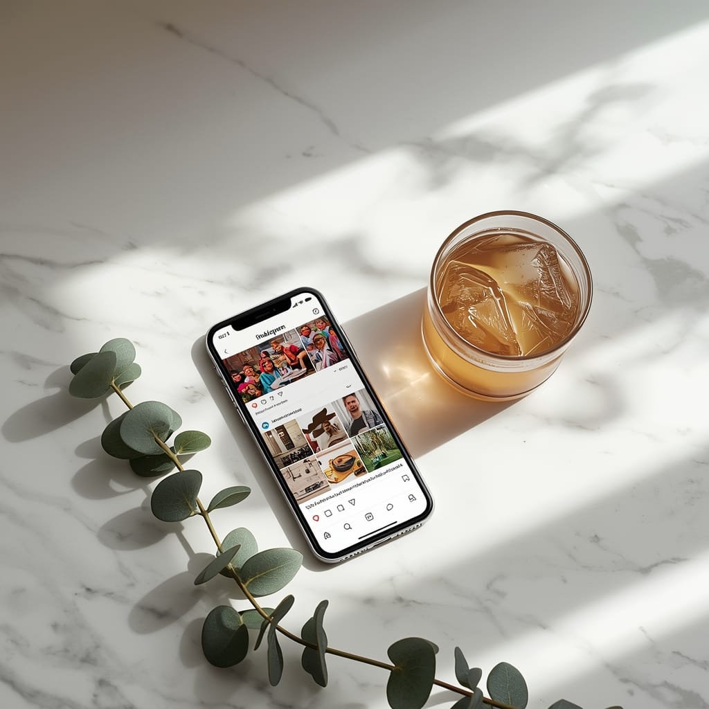Lucid Origin AI image generator scene featuring a smartphone with a social media feed, iced coffee, and eucalyptus on a sunlit marble table.