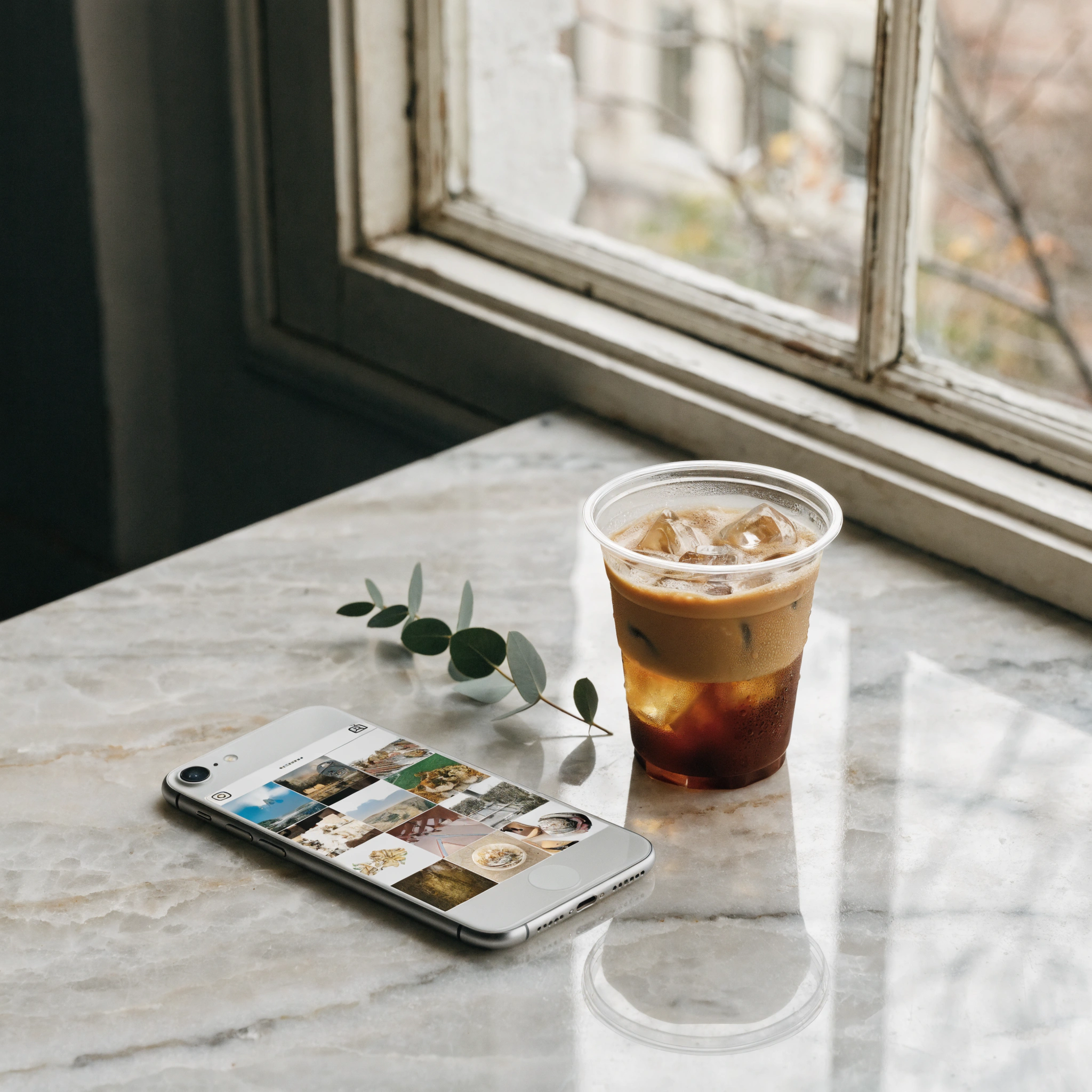 Recraft V4 AI image generator scene featuring a smartphone with a social media feed, iced coffee, and eucalyptus on a marble table by a window.