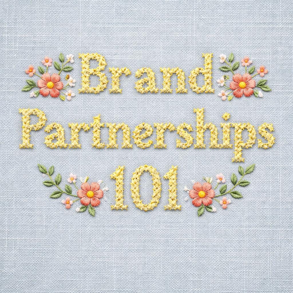 GPT Image AI image generator artwork featuring embroidered Brand Partnerships 101 text with yellow lettering and floral accents on light blue fabric.