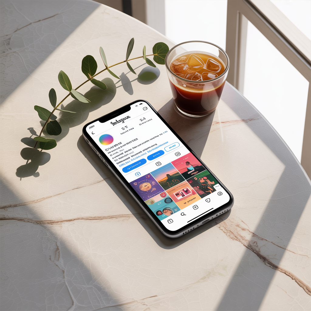 Ideogram AI image generator scene featuring a smartphone with a colorful social media profile, iced coffee, and eucalyptus on a sunlit marble table.