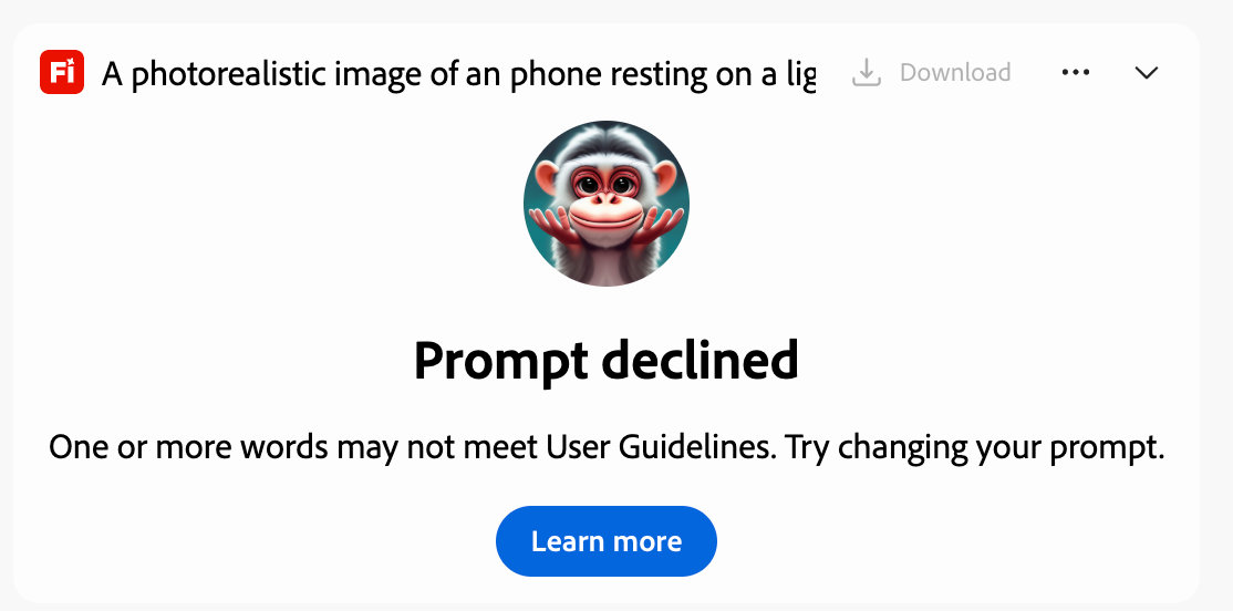 Adobe Firefly message blocking the brand names iPhone and Instagram in a prompt