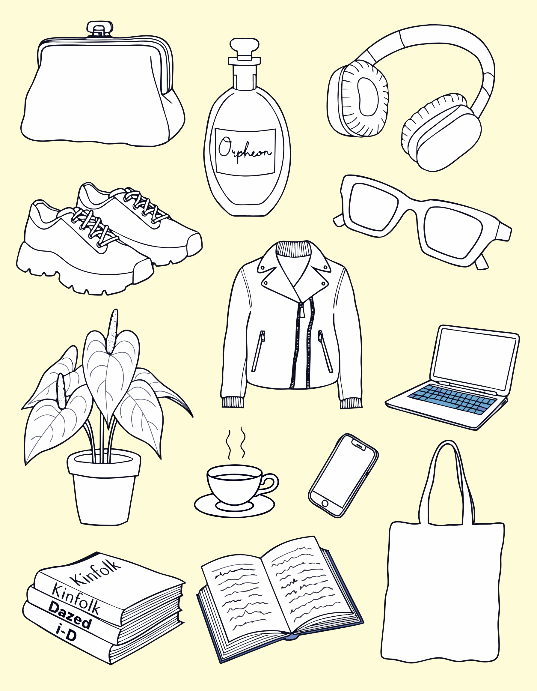 Recraft V4 AI image generator artwork featuring line-drawn fashion, tech, accessories, coffee, books, and a plant on a pale yellow background.