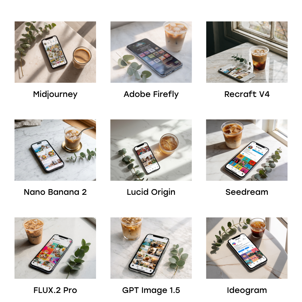 AI image generator comparison showing how nine generators interpreted a prompt featuring a smartphone, social media feed, iced coffee, and greenery on a marble table.