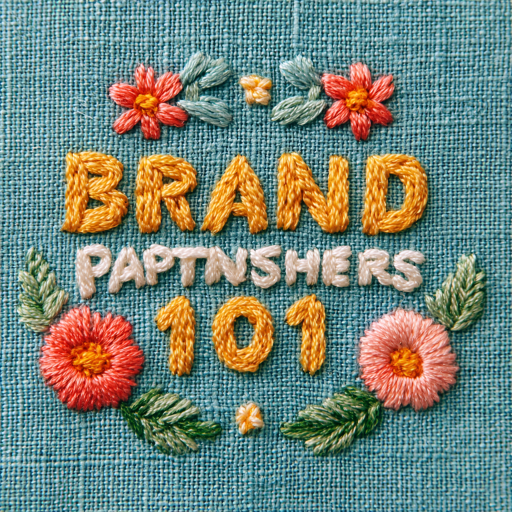 Midjourney AI image generator artwork featuring embroidered Brand Partnerships 101 text with colorful floral details on textured blue fabric.
