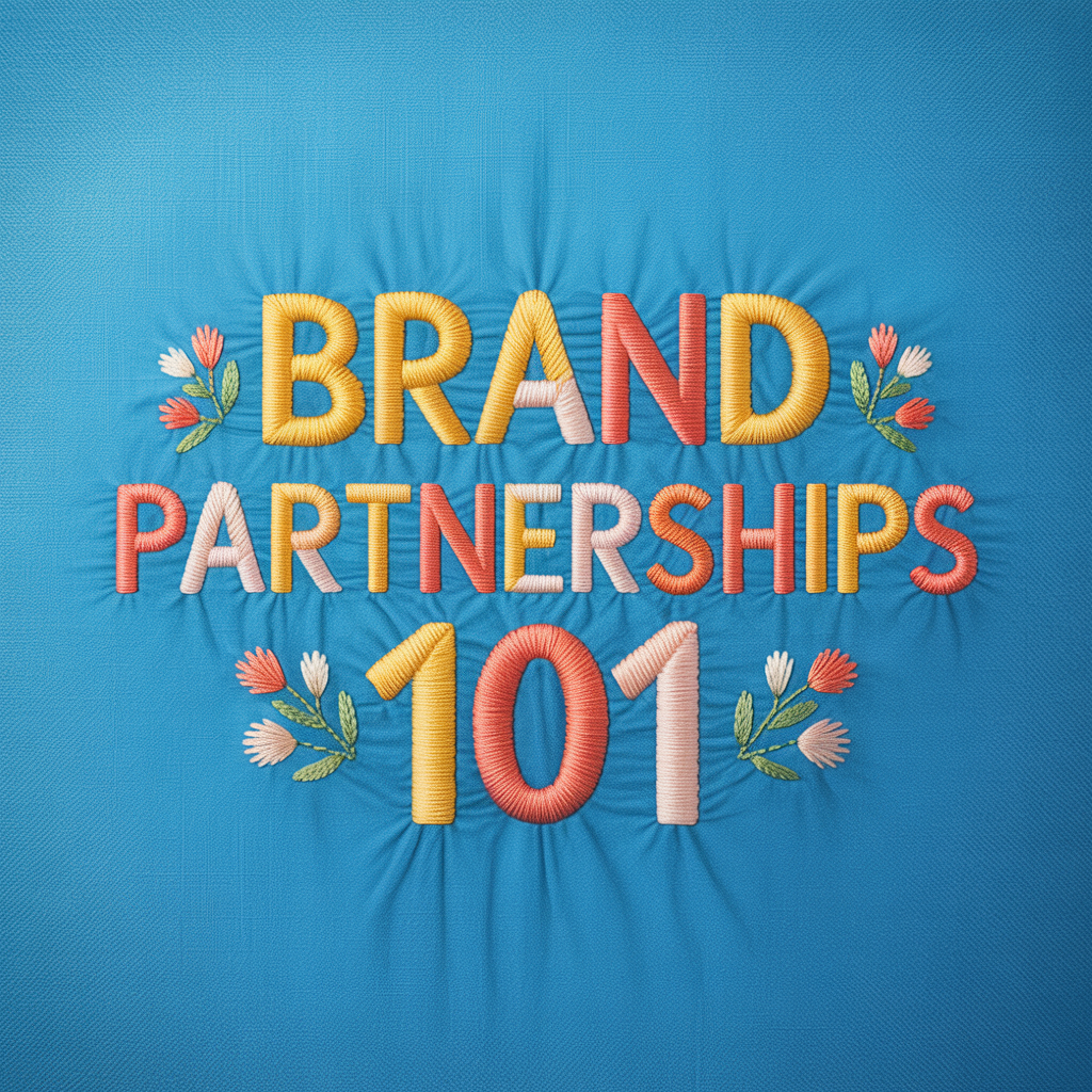 Ideogram AI image generator artwork featuring embroidered Brand Partnerships 101 text in colorful thread with floral accents on bright blue fabric.
