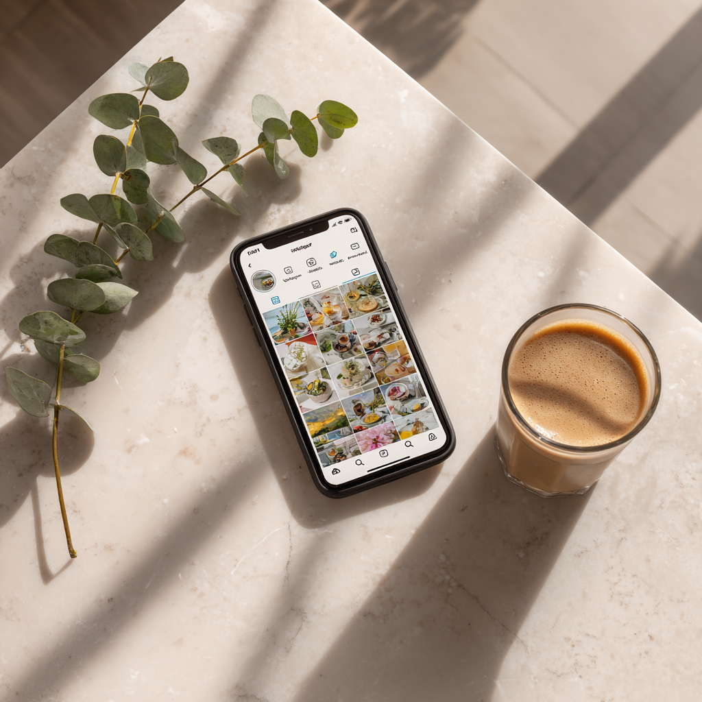 Midjourney AI image generator scene featuring a smartphone with a social media feed, coffee, and eucalyptus on a sunlit marble table.