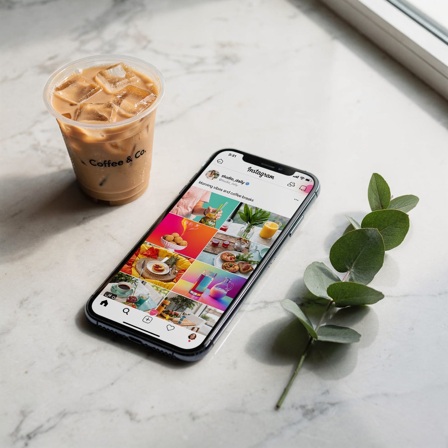 FLUX.2 Pro AI image generator scene featuring a smartphone with a colorful social media feed, iced coffee, and eucalyptus on a sunlit marble table.