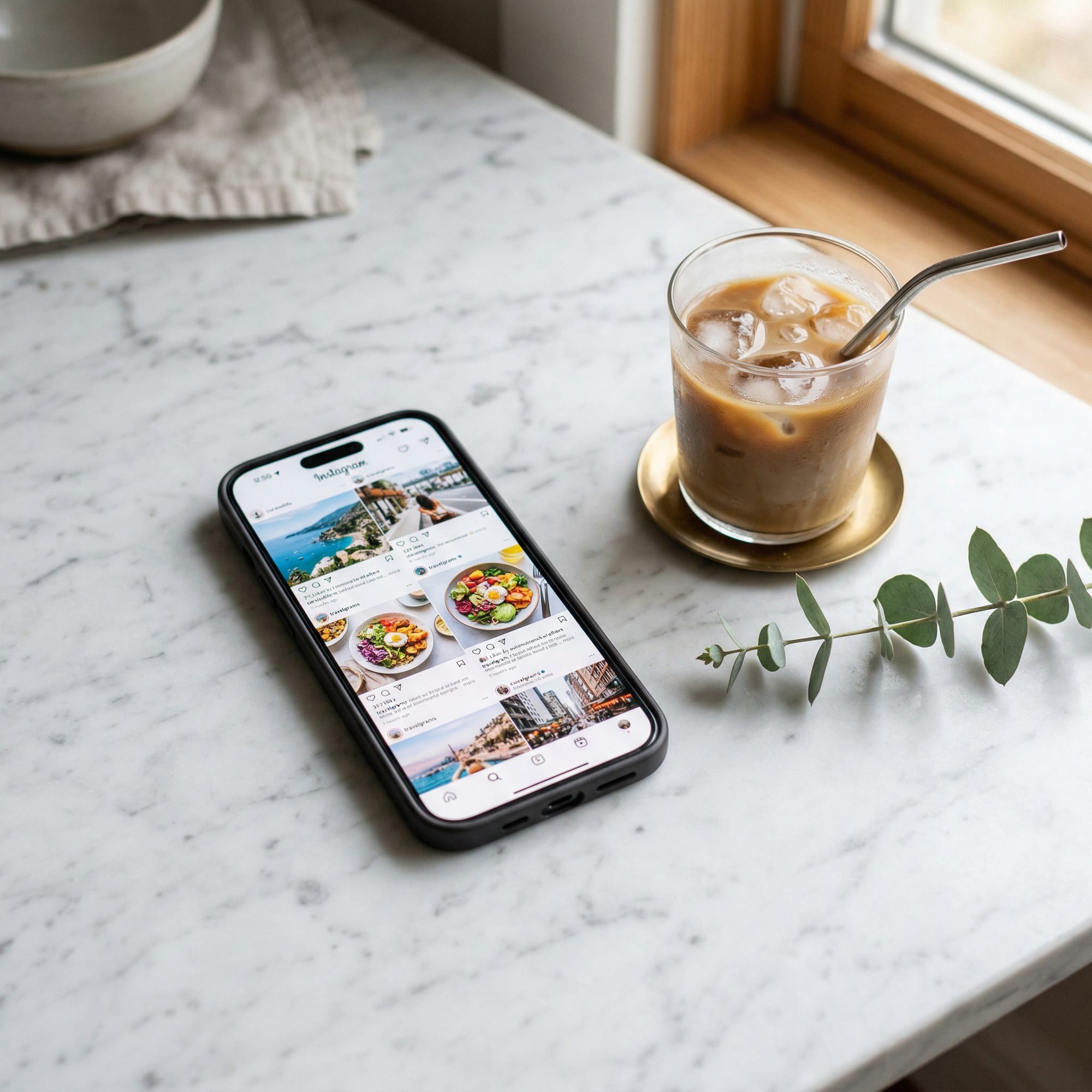 Nano Banana AI image generator scene featuring a smartphone with a social media feed, iced coffee, and eucalyptus on a marble table by a window.
