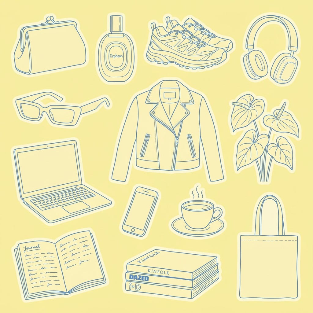 Nano Banana AI image generator artwork featuring line-drawn fashion, tech, accessories, coffee, books, and a plant on a pale yellow background.