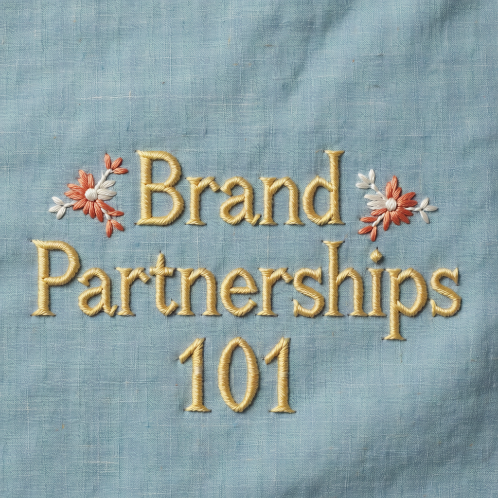 AI image generator artwork featuring embroidered gold Brand Partnerships 101 text with floral accents on textured blue fabric.