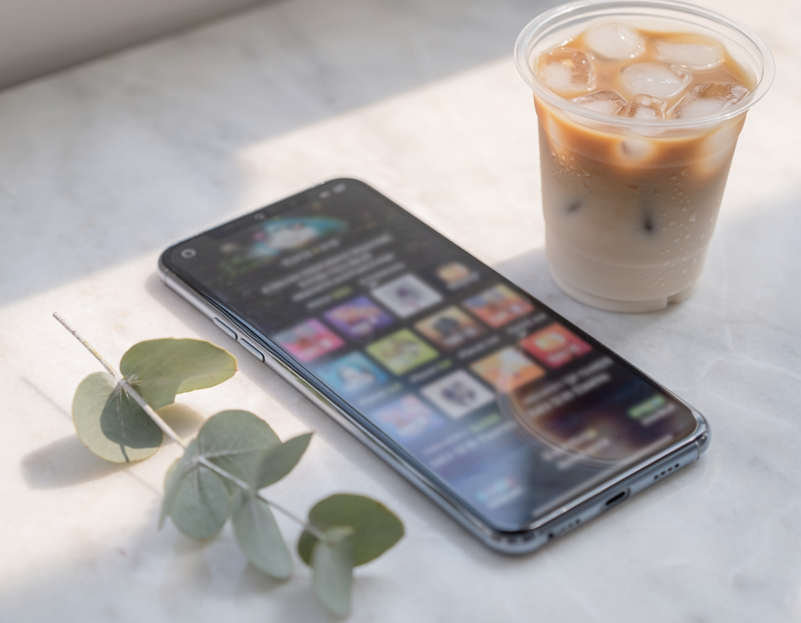 Adobe Firefly AI image generator scene featuring a smartphone, iced coffee, and eucalyptus leaves on a sunlit marble table.