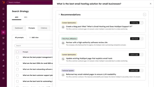 AEO for demand generation teams, HubSpot AEO recommendations feature 