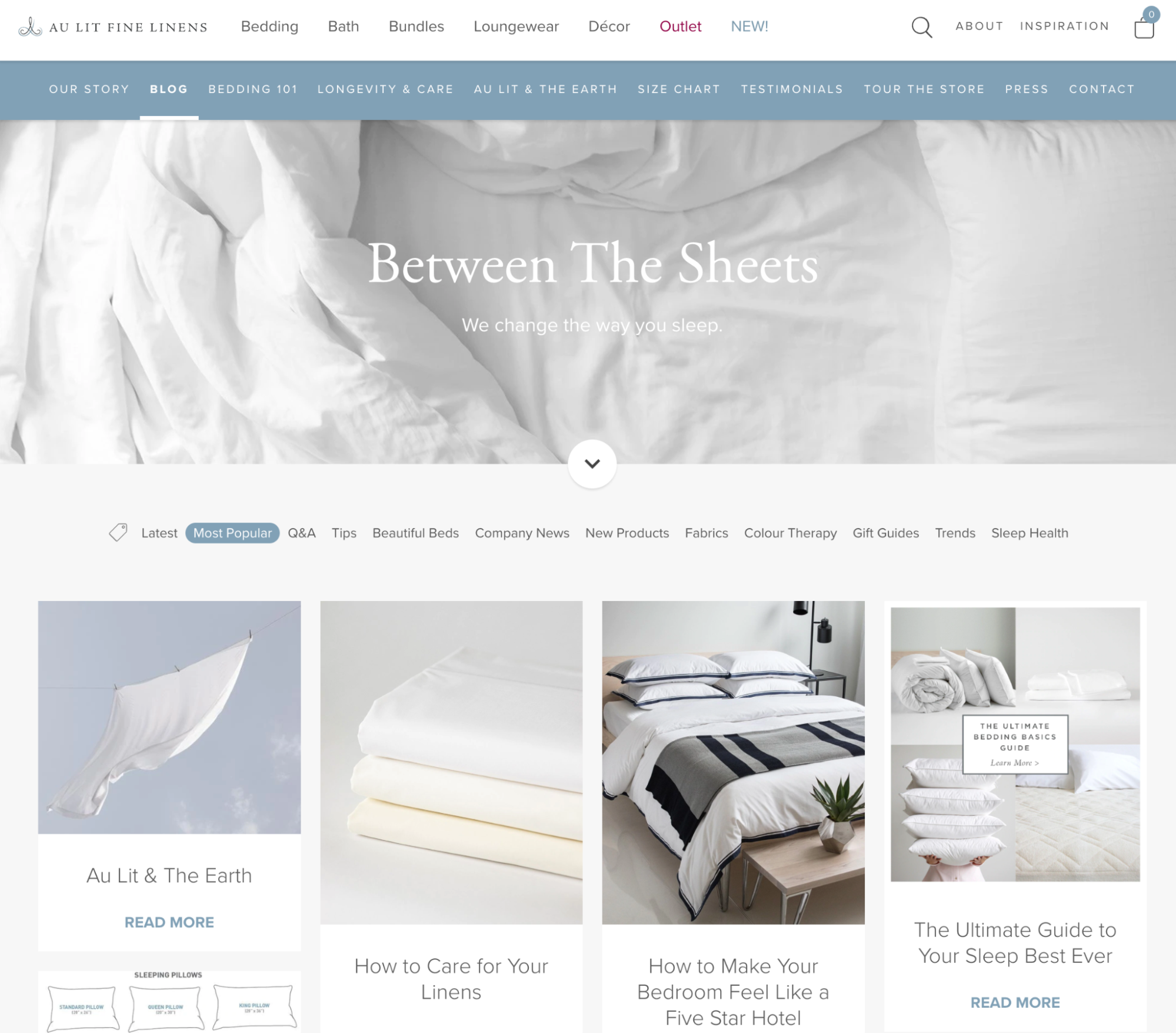 ‘Between the Sheets’ blog landing page for Shopify merchant Au Lit Fine Linens.