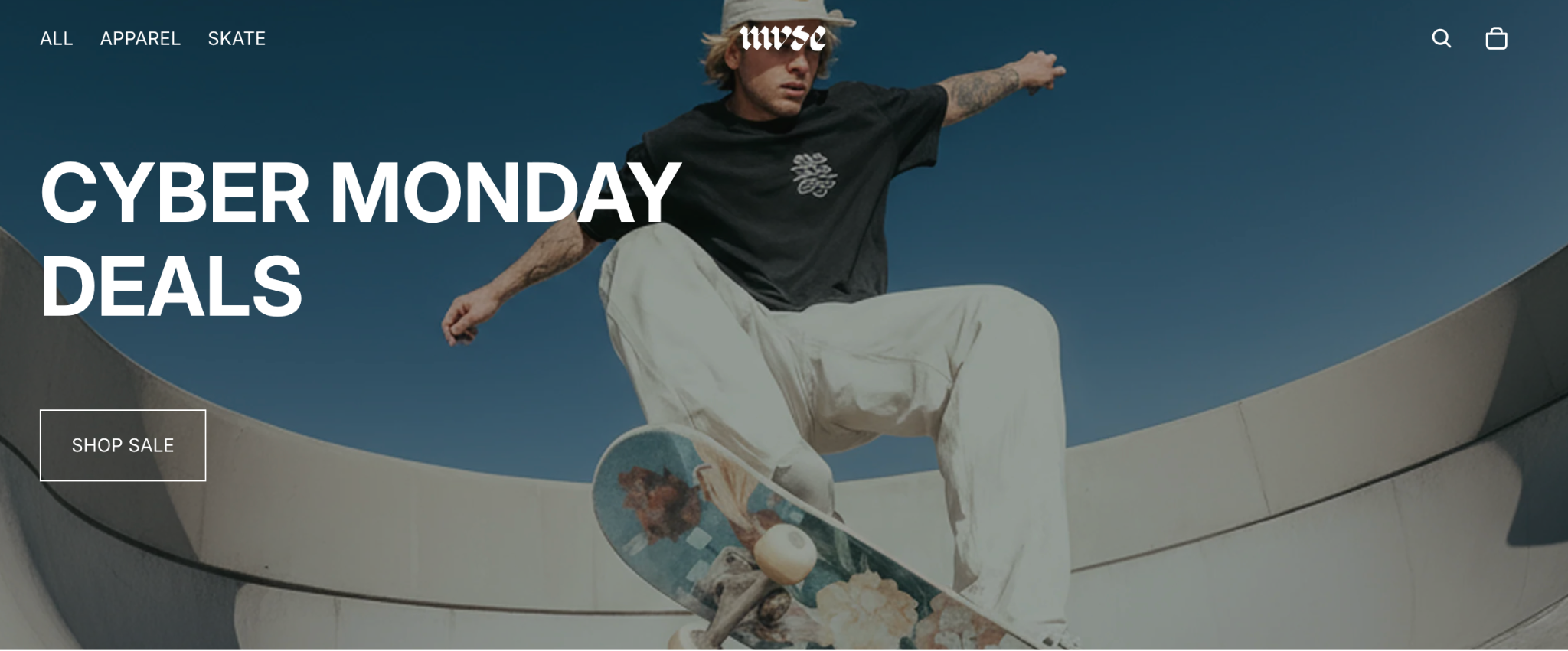 A website showing a man skateboarding in a halfpipe with title 'Cyber Monday Deals' and the button 'Shop Sale'