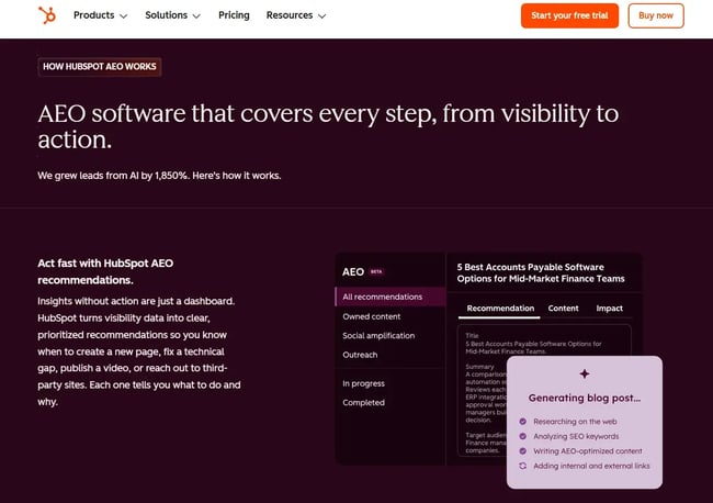HubSpot AEO interface showing recommendations panel with content, outreach, and task tracking for blog post creation workflow
