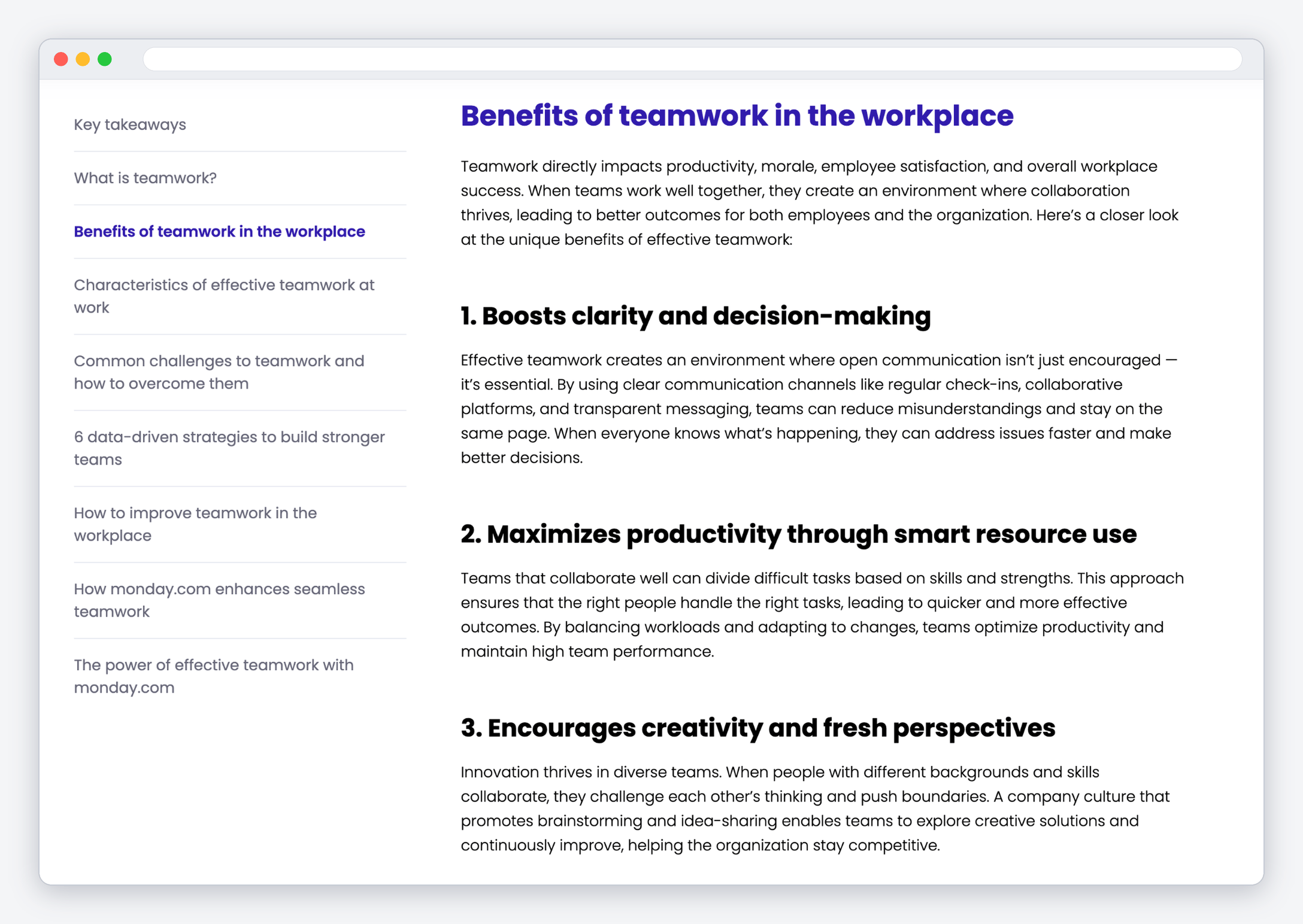 Screenshot of a monday.com article, "Benefits of teamwork in the workplace," with a contents sidebar and three numbered benefits in short paragraphs.