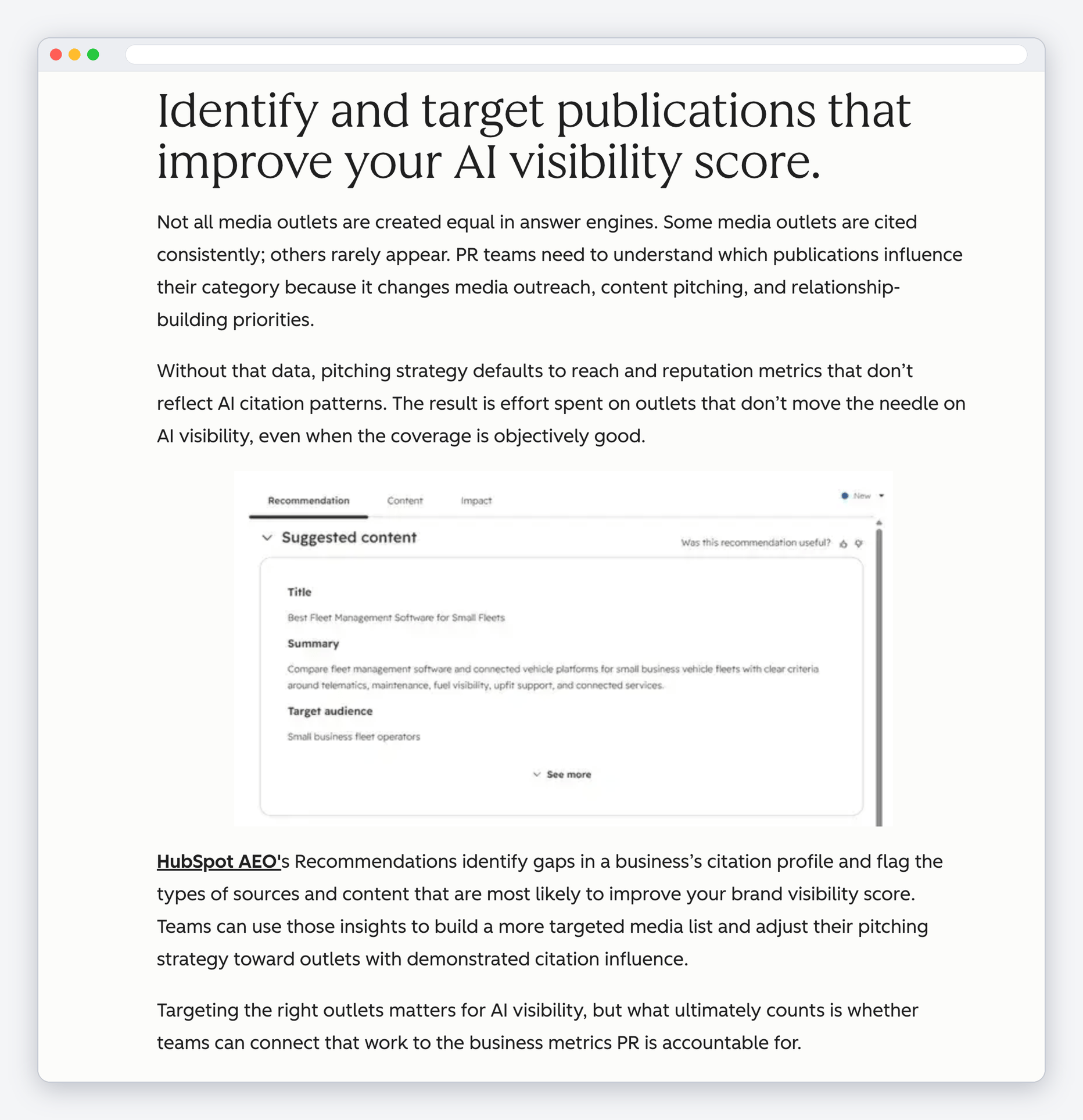 Screenshot of a HubSpot AEO article section titled "Identify and target publications that improve your AI visibility score," with short, direct paragraphs and a product screenshot.