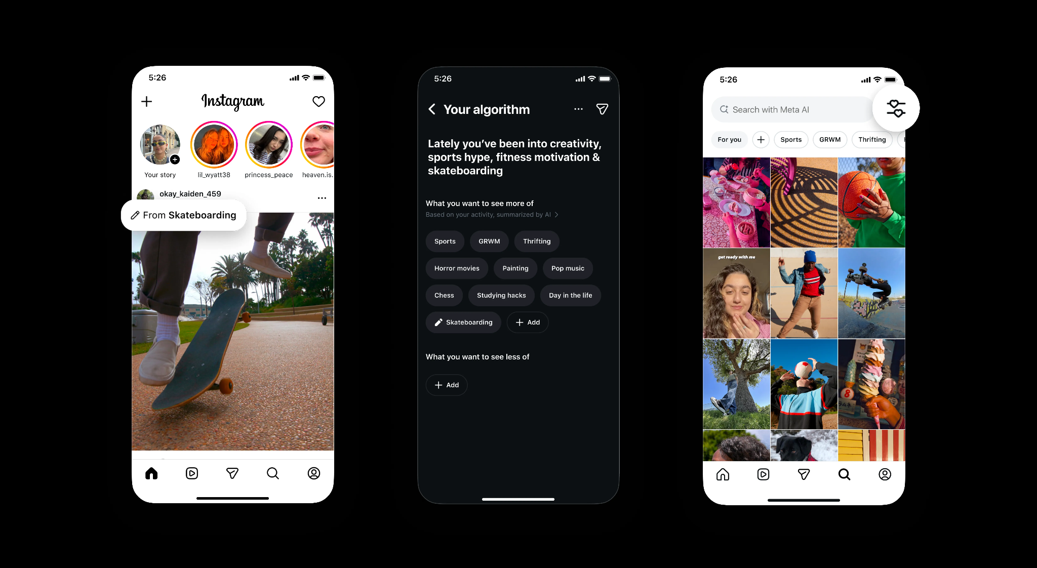 Instagram algorithm controls on the “Your algorithm” screen, showing AI-summarized interest topics, options to see more or less of a topic, and Explore topic filters