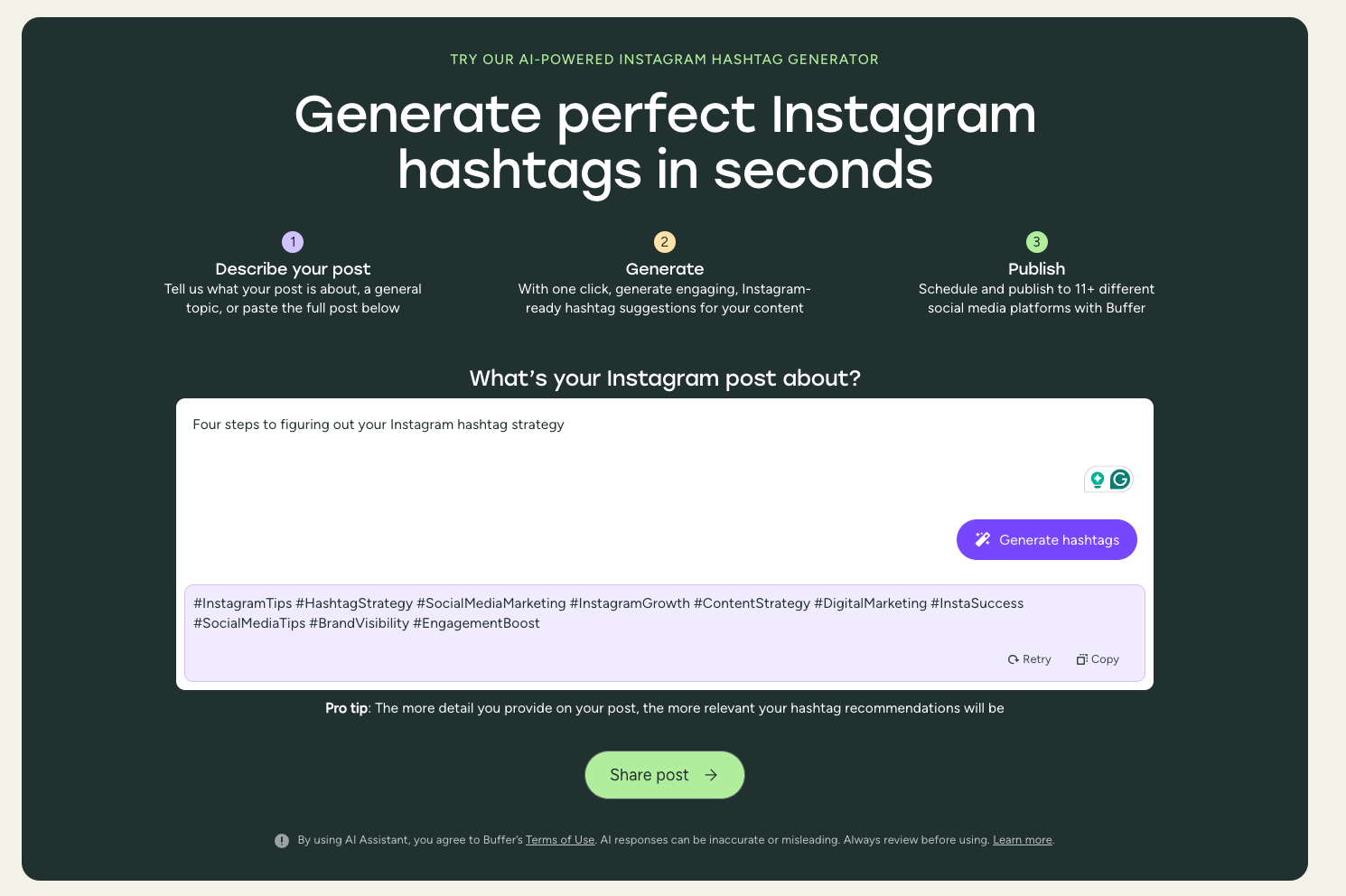 Instagram algorithm-friendly hashtags from Buffer’s AI hashtag generator, with the headline “Generate perfect Instagram hashtags in seconds” and 10 suggestions