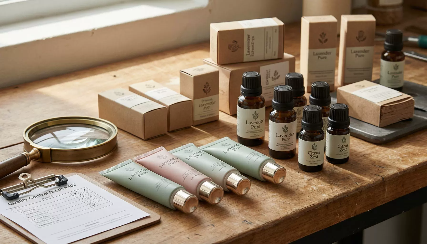 Private label product samples on a workbench with magnifying glass and checklist clipboard