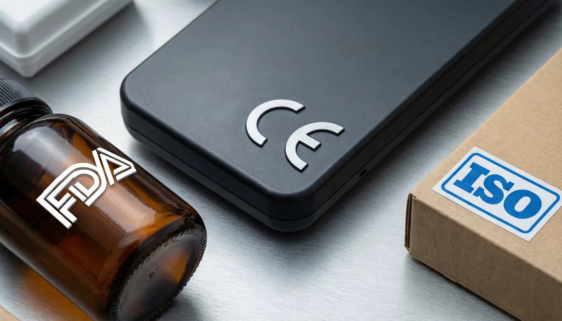 Compliance certification stamps on product packaging including FDA seal, CE marking, and ISO label