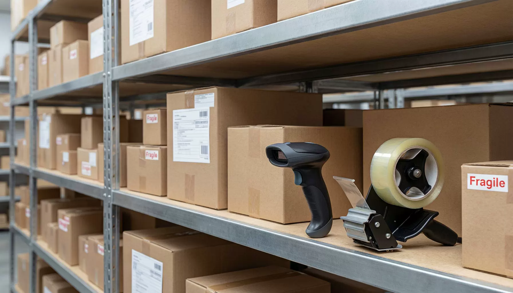 Organized warehouse shelves with stacked shipping boxes and packing supplies
