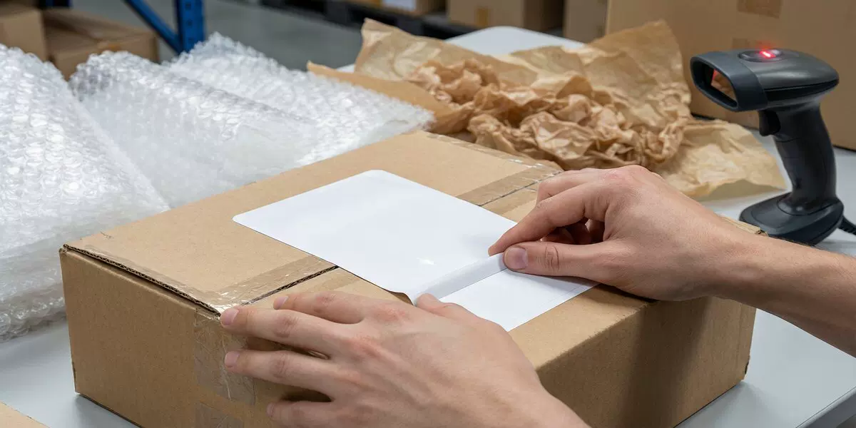 Shipping label being applied to a package on a warehouse packing table