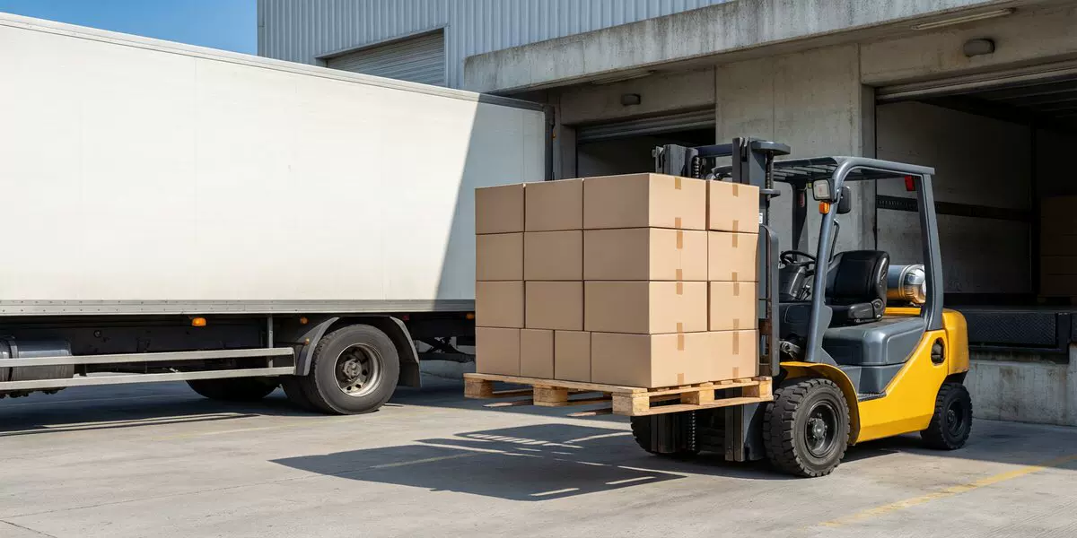 Delivery truck at warehouse loading dock with boxes on pallets