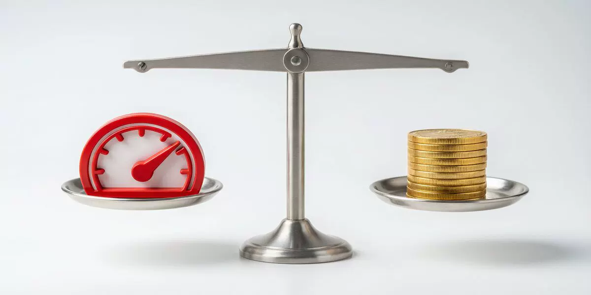 Balance scale weighing speed against cost for shipping decisions