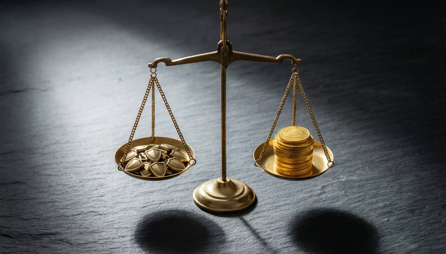 Risk assessment concept with balance scale weighing security symbols against cost factors
