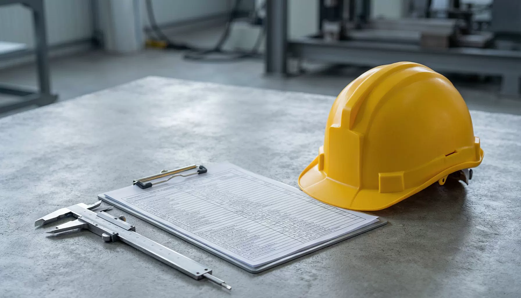 Factory audit checklist on clipboard with safety helmet and inspection tools
