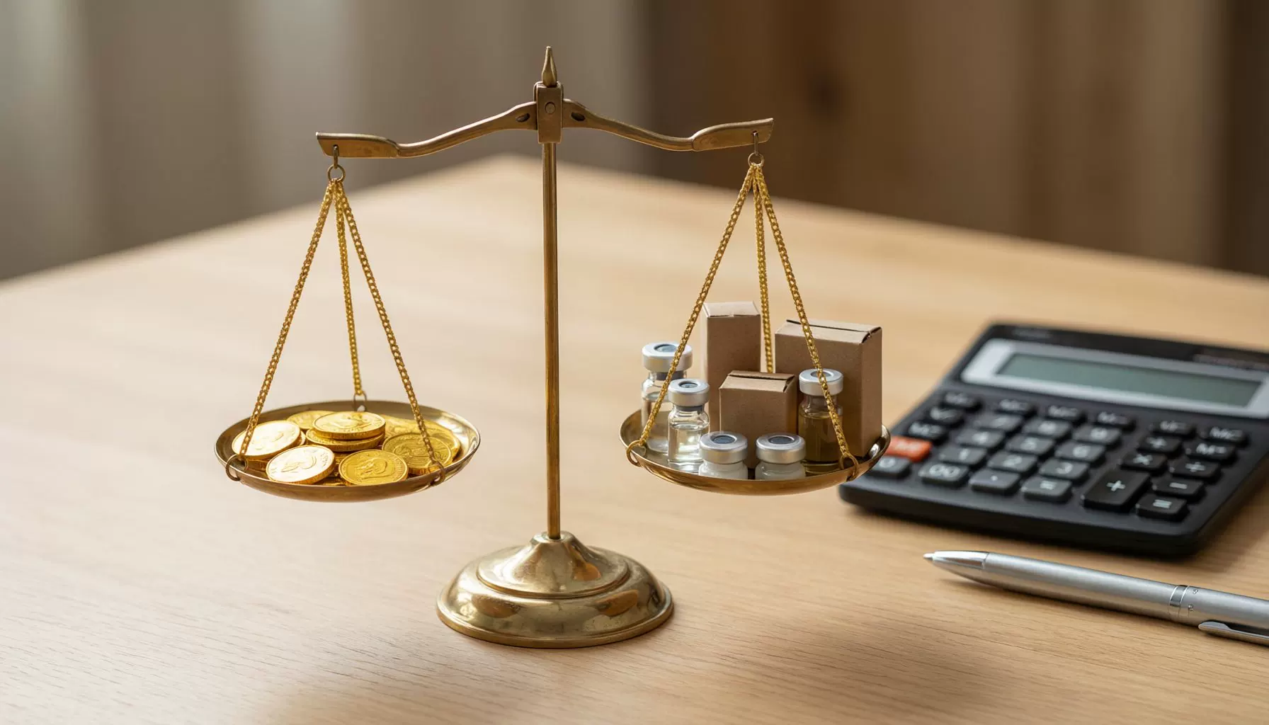 Balance scale weighing gold coins against product samples for cost evaluation