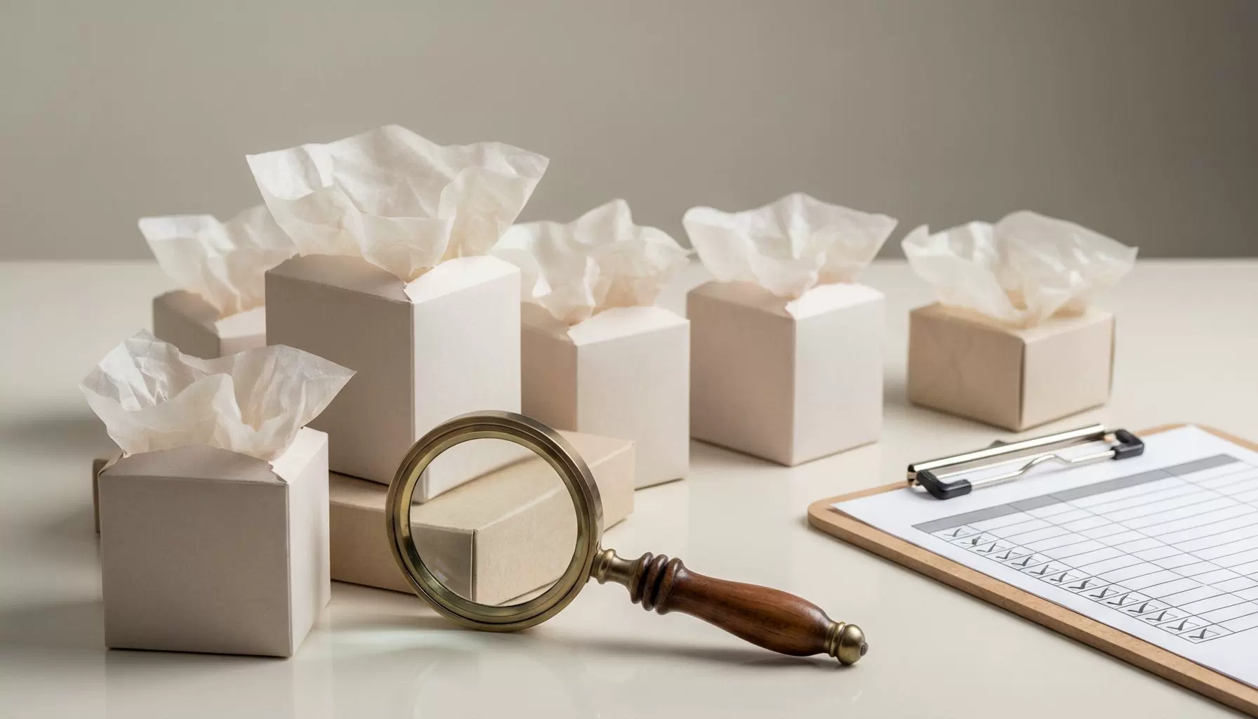 Product sample boxes with magnifying glass and quality evaluation checklist