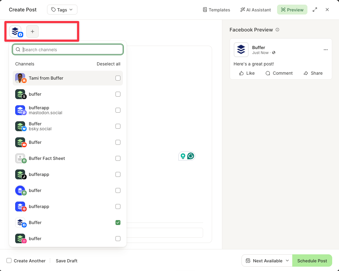 Buffer Create Post window with the Facebook Page selected in the channel list, a Facebook preview on the right, and Next Available and Schedule Post buttons