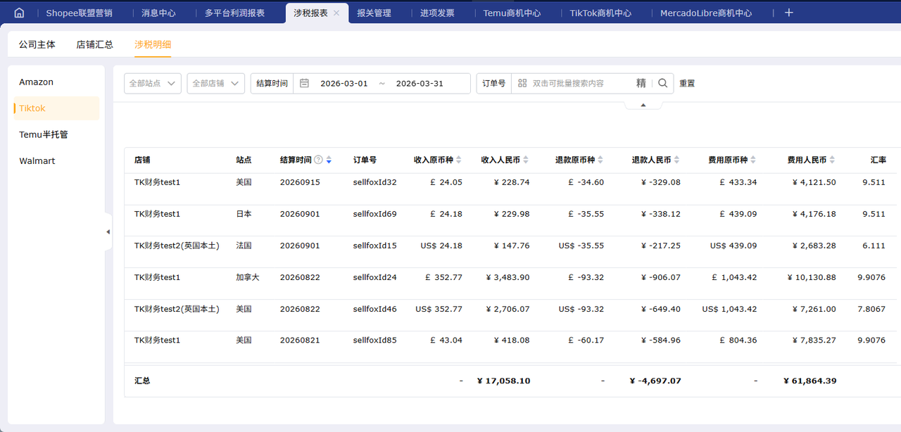 赛狐ERP-TikTok涉税报表-多店汇总视图