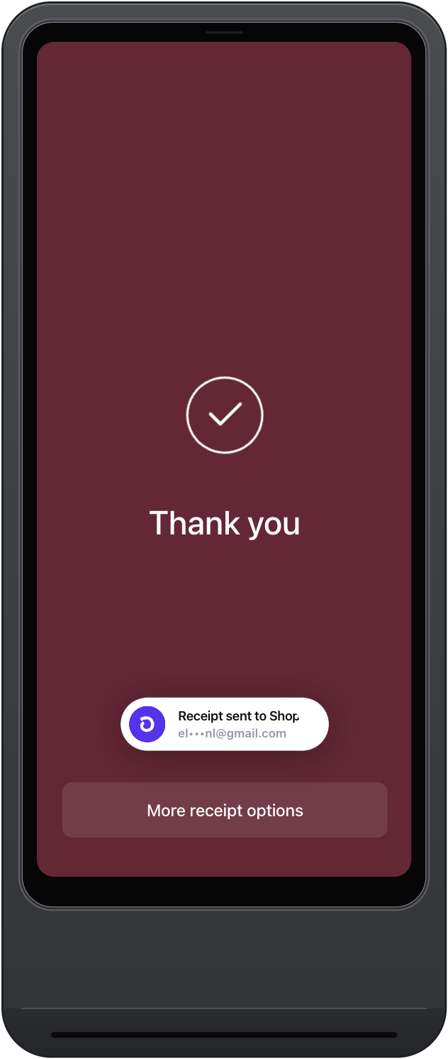 The "thank you" screen on a Victa Mobile device with a Shop app notification