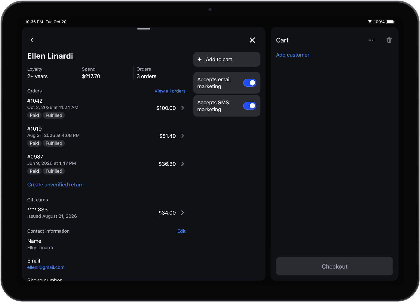 iPad showing a POS screen with customer details on it