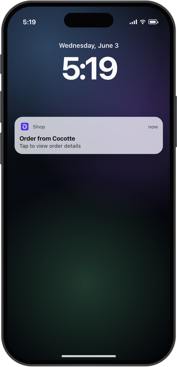 Shop app notification on the buyer's iPhone that they've received a receipt in the Shop app