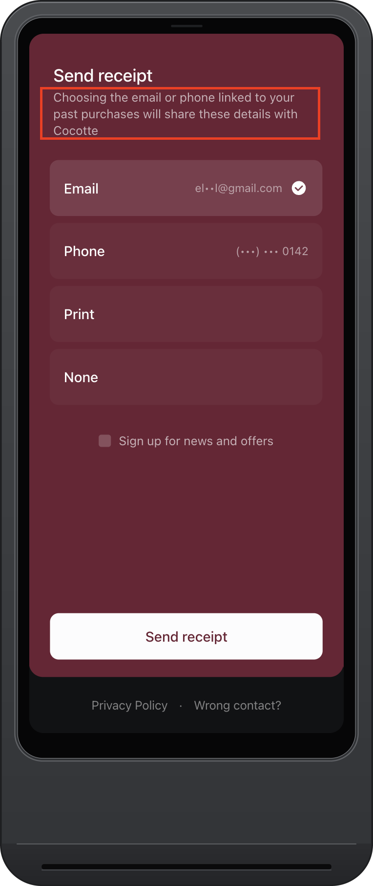 Receipt selection screen with disclaimer