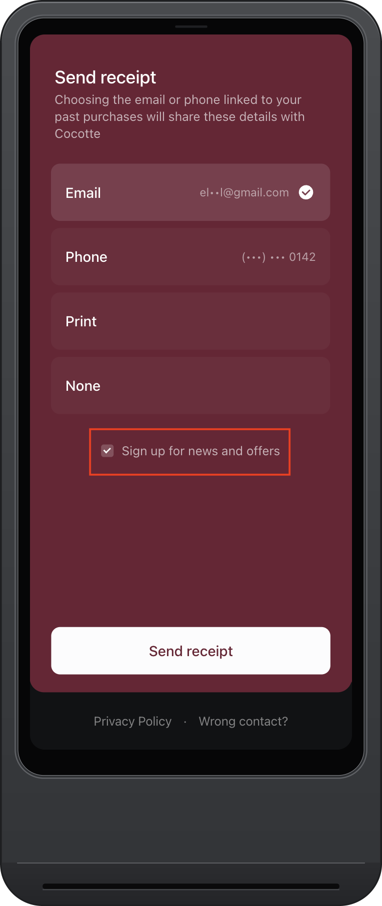 Receipt selection screen with the marketing opt in highlighted